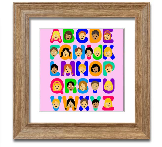 A colorful Alphabet Children Pink Square Framed Print featuring letters of the alphabet, designed for children's rooms.