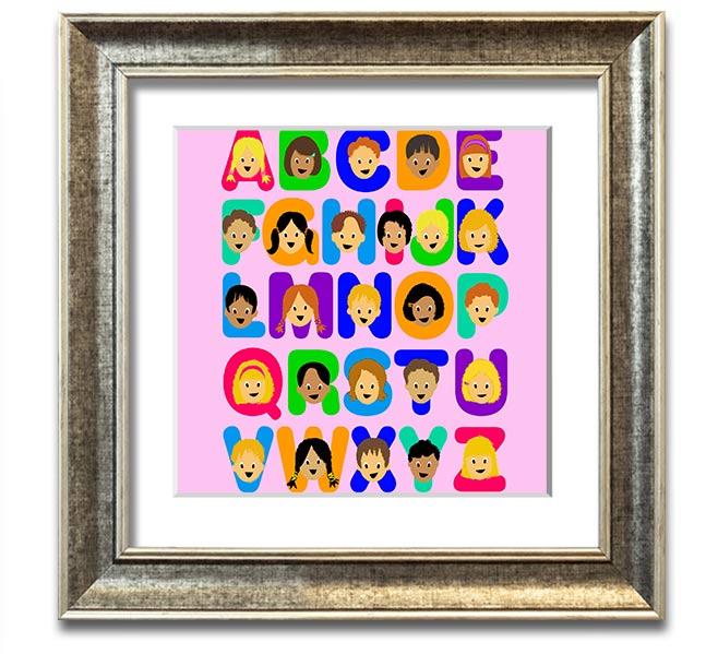 A colorful Alphabet Children Pink Square Framed Print featuring letters of the alphabet, designed for children's rooms.