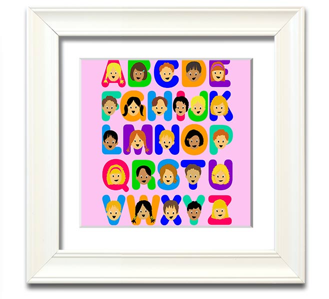 A colorful Alphabet Children Pink Square Framed Print featuring letters of the alphabet, designed for children's rooms.