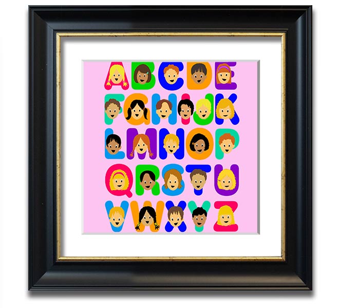 A colorful Alphabet Children Pink Square Framed Print featuring letters of the alphabet, designed for children's rooms.