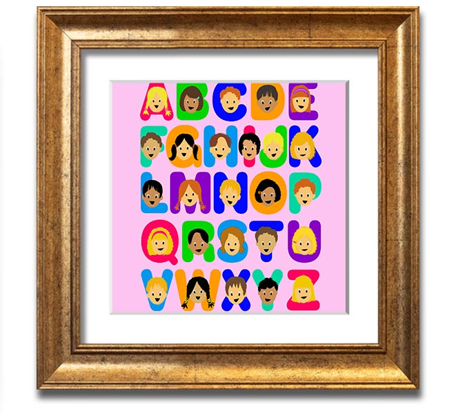 A colorful Alphabet Children Pink Square Framed Print featuring letters of the alphabet, designed for children's rooms.