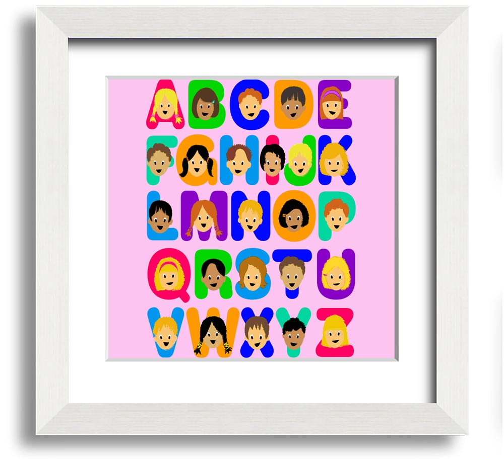 A colorful Alphabet Children Pink Square Framed Print featuring letters of the alphabet, designed for children's rooms.