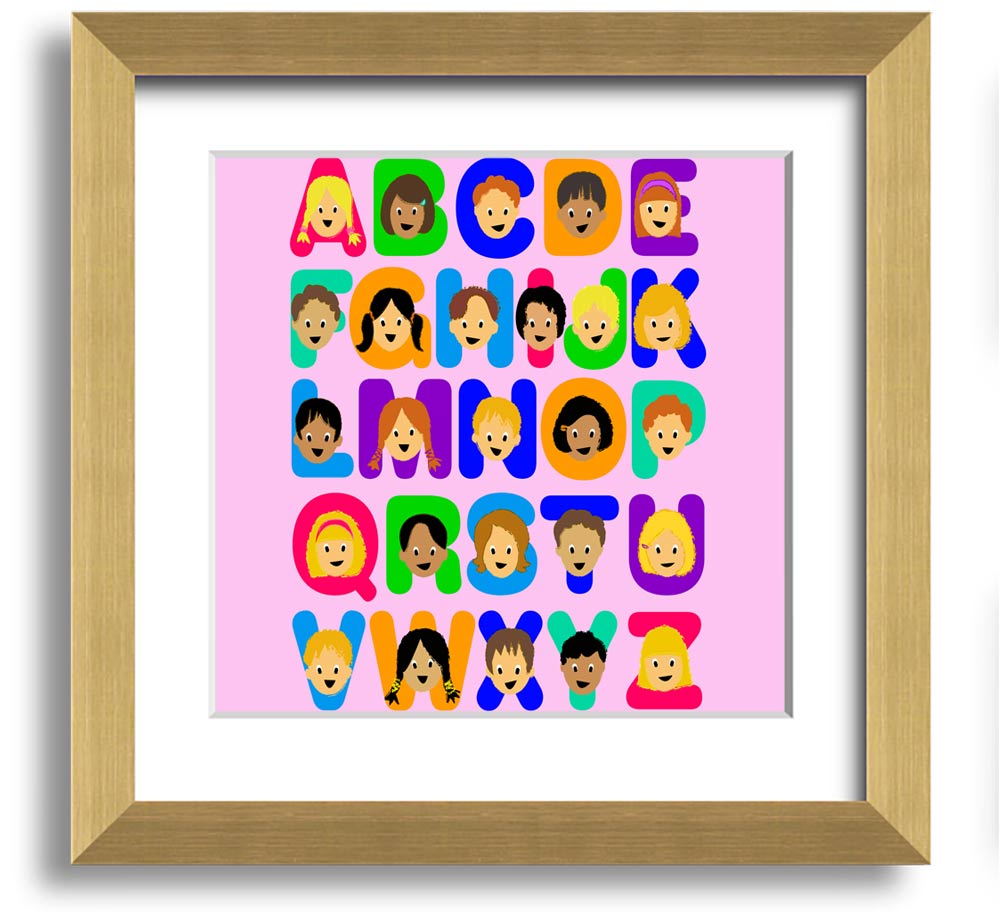 A colorful Alphabet Children Pink Square Framed Print featuring letters of the alphabet, designed for children's rooms.