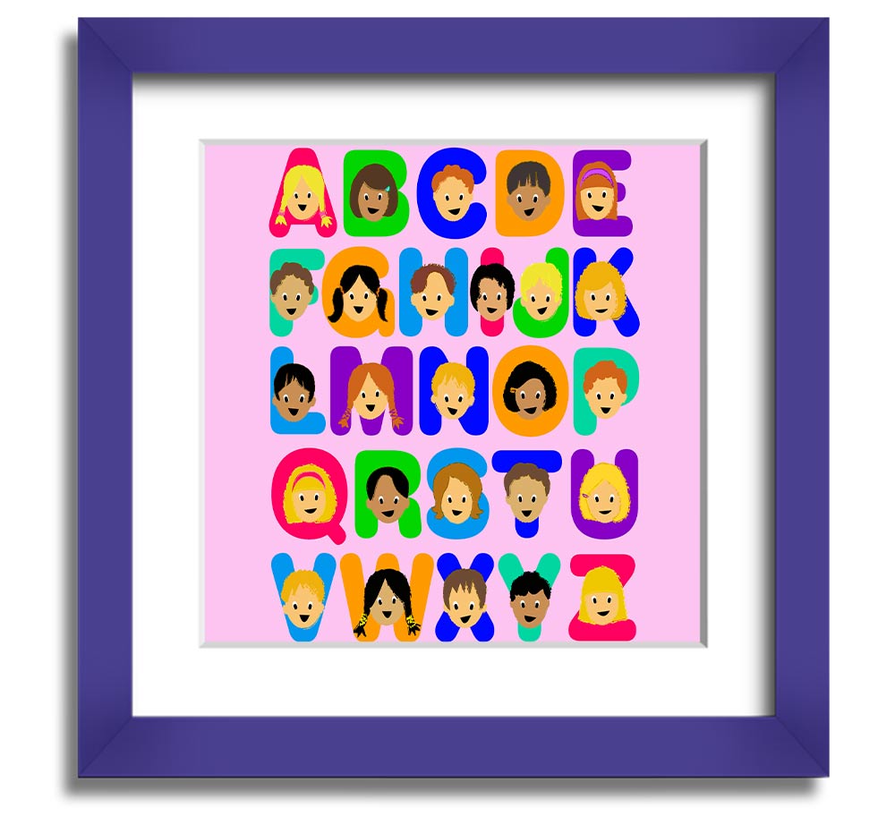 A colorful Alphabet Children Pink Square Framed Print featuring letters of the alphabet, designed for children's rooms.