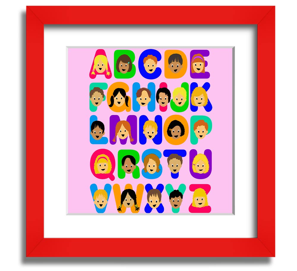 A colorful Alphabet Children Pink Square Framed Print featuring letters of the alphabet, designed for children's rooms.