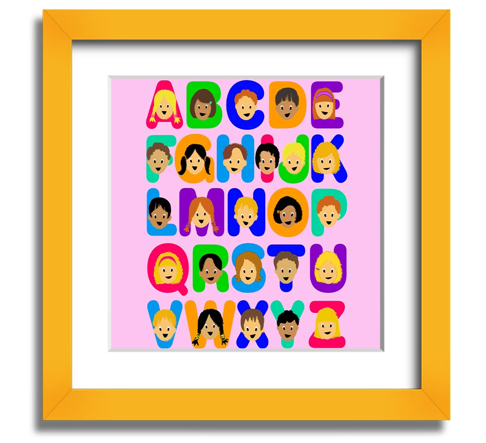 A colorful Alphabet Children Pink Square Framed Print featuring letters of the alphabet, designed for children's rooms.