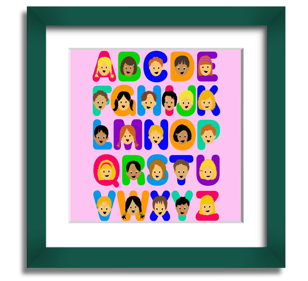 A colorful Alphabet Children Pink Square Framed Print featuring letters of the alphabet, designed for children's rooms.