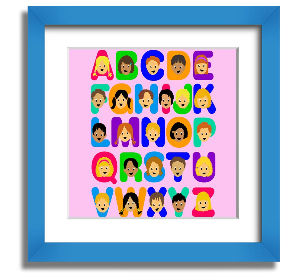 A colorful Alphabet Children Pink Square Framed Print featuring letters of the alphabet, designed for children's rooms.