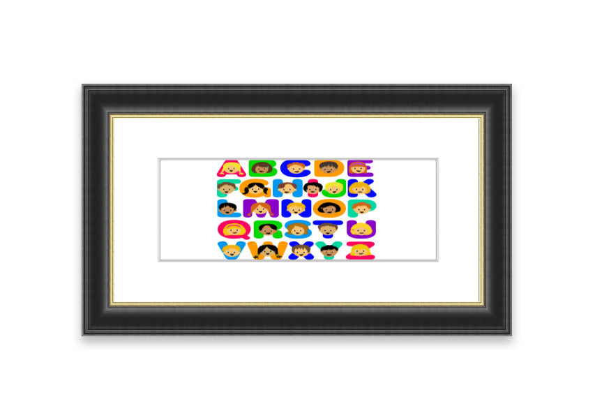 Framed Alphabet Children White print featuring colorful letters, perfect for children's decor.