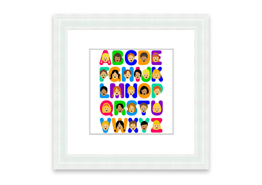 Framed Alphabet Children White print featuring colorful letters, perfect for children's decor.