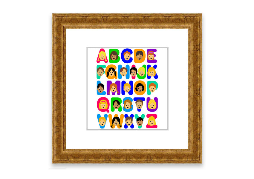 Framed Alphabet Children White print featuring colorful letters, perfect for children's decor.