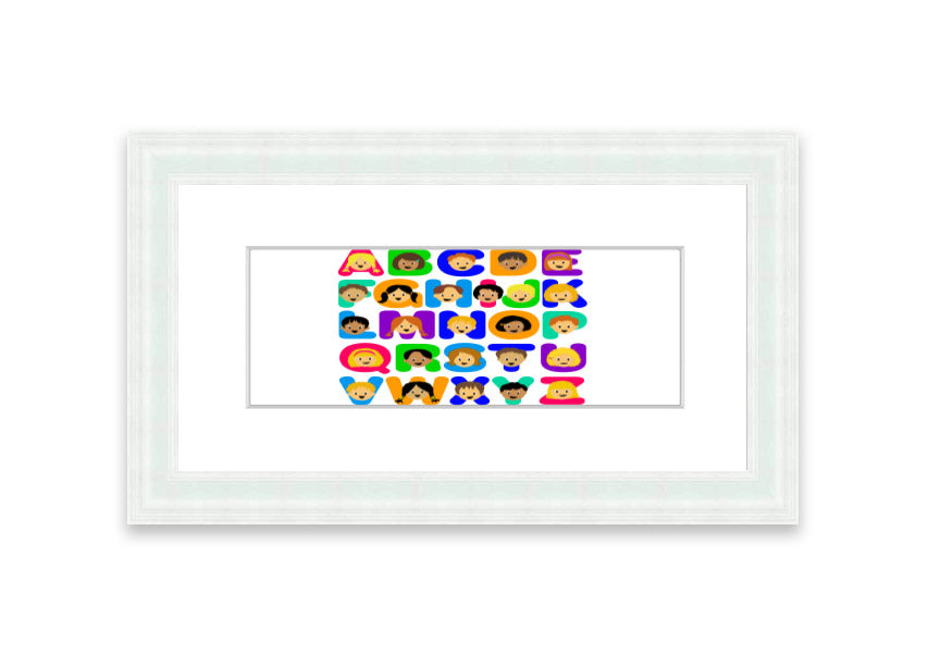 Framed Alphabet Children White print featuring colorful letters, perfect for children's decor.