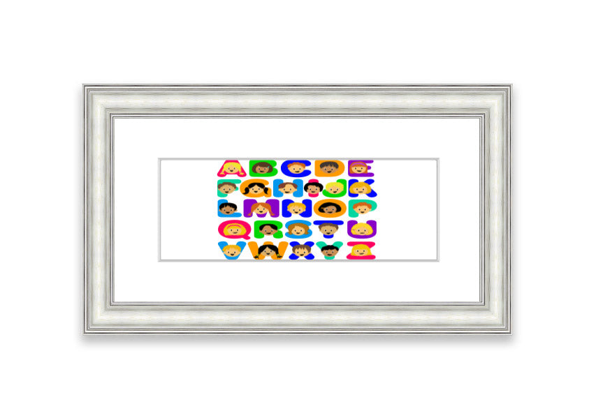 Framed Alphabet Children White print featuring colorful letters, perfect for children's decor.