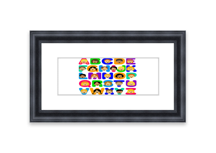 Framed Alphabet Children White print featuring colorful letters, perfect for children's decor.