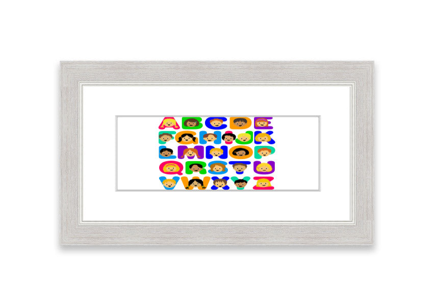 Framed Alphabet Children White print featuring colorful letters, perfect for children's decor.