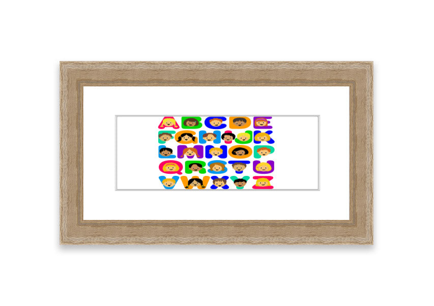 Framed Alphabet Children White print featuring colorful letters, perfect for children's decor.