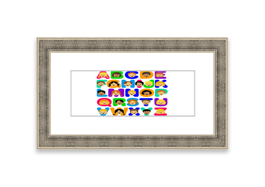 Framed Alphabet Children White print featuring colorful letters, perfect for children's decor.