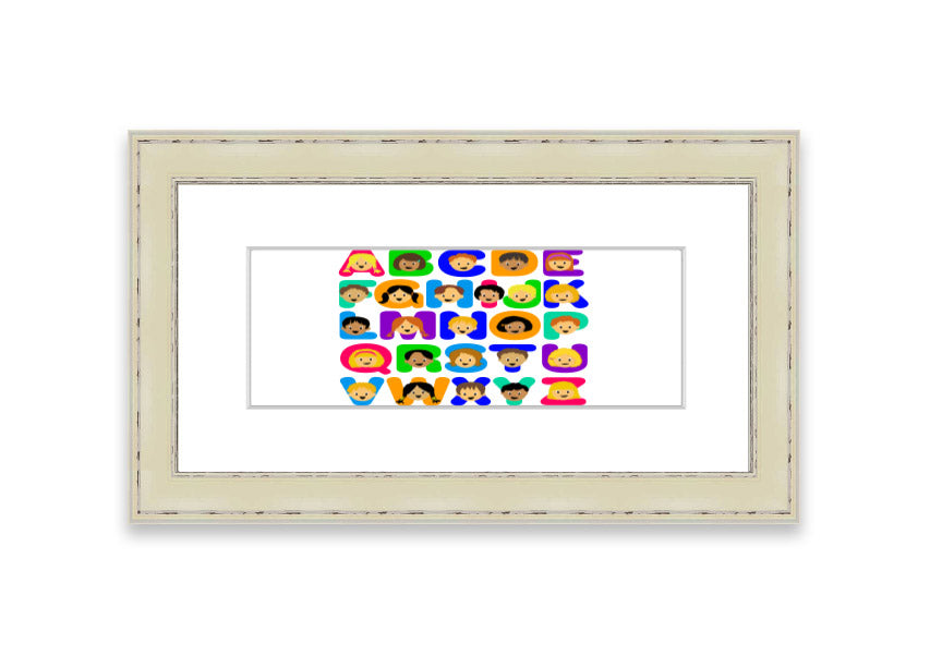 Framed Alphabet Children White print featuring colorful letters, perfect for children's decor.