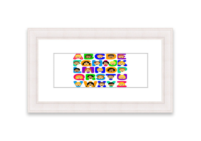 Framed Alphabet Children White print featuring colorful letters, perfect for children's decor.