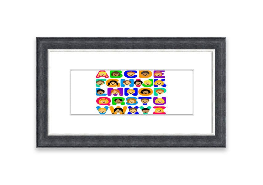 Framed Alphabet Children White print featuring colorful letters, perfect for children's decor.