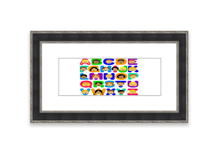 Framed Alphabet Children White print featuring colorful letters, perfect for children's decor.