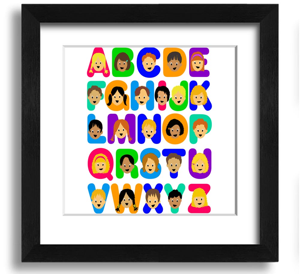 Alphabet Children White Square Framed Print with colorful letters, ready to hang, handmade in the UK.