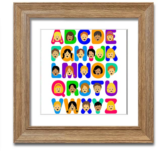 Alphabet Children White Square Framed Print with colorful letters, ready to hang, handmade in the UK.