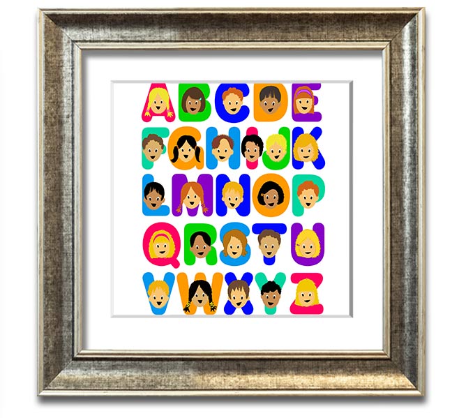 Alphabet Children White Square Framed Print with colorful letters, ready to hang, handmade in the UK.