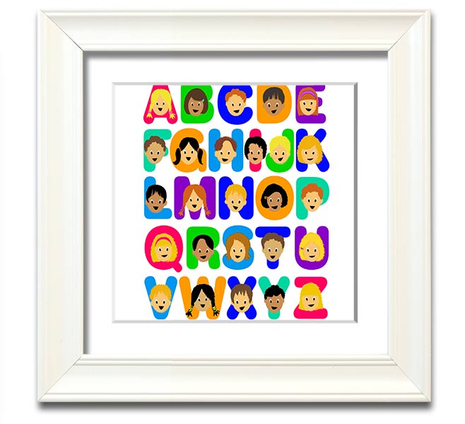 Alphabet Children White Square Framed Print with colorful letters, ready to hang, handmade in the UK.