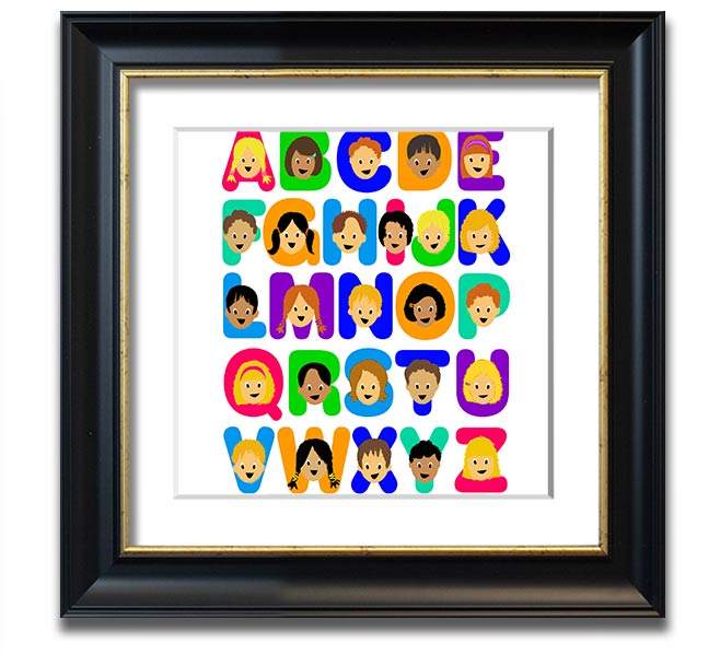 Alphabet Children White Square Framed Print with colorful letters, ready to hang, handmade in the UK.