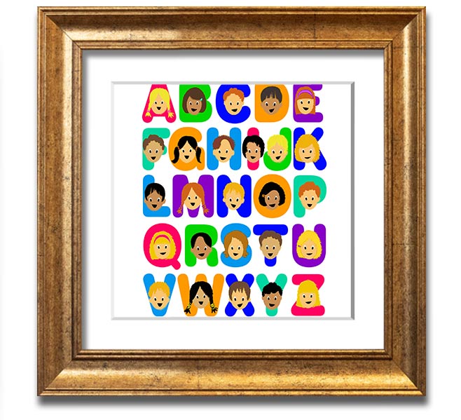 Alphabet Children White Square Framed Print with colorful letters, ready to hang, handmade in the UK.