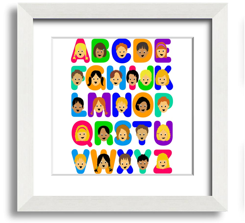 Alphabet Children White Square Framed Print with colorful letters, ready to hang, handmade in the UK.