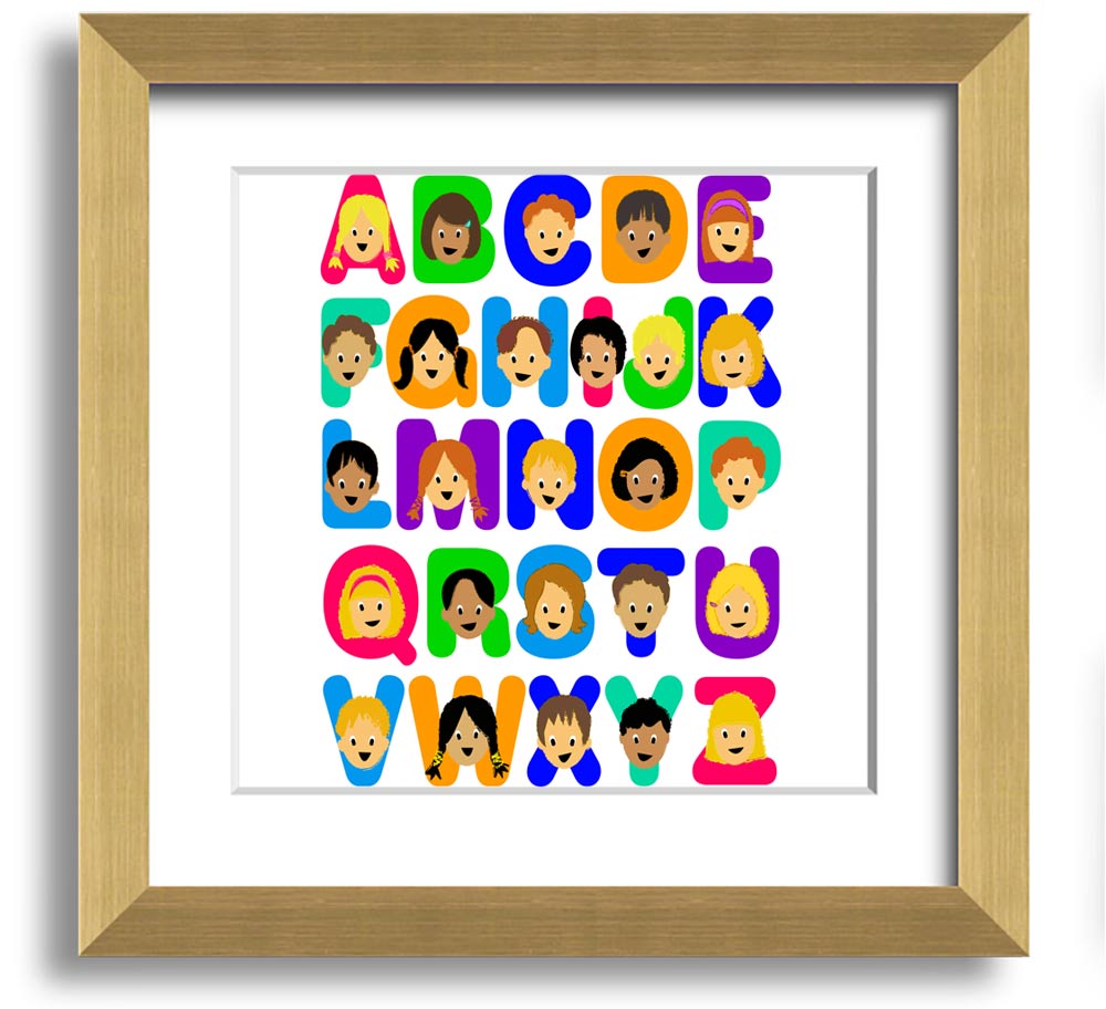 Alphabet Children White Square Framed Print with colorful letters, ready to hang, handmade in the UK.