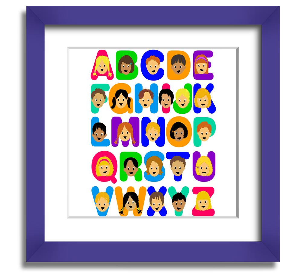 Alphabet Children White Square Framed Print with colorful letters, ready to hang, handmade in the UK.