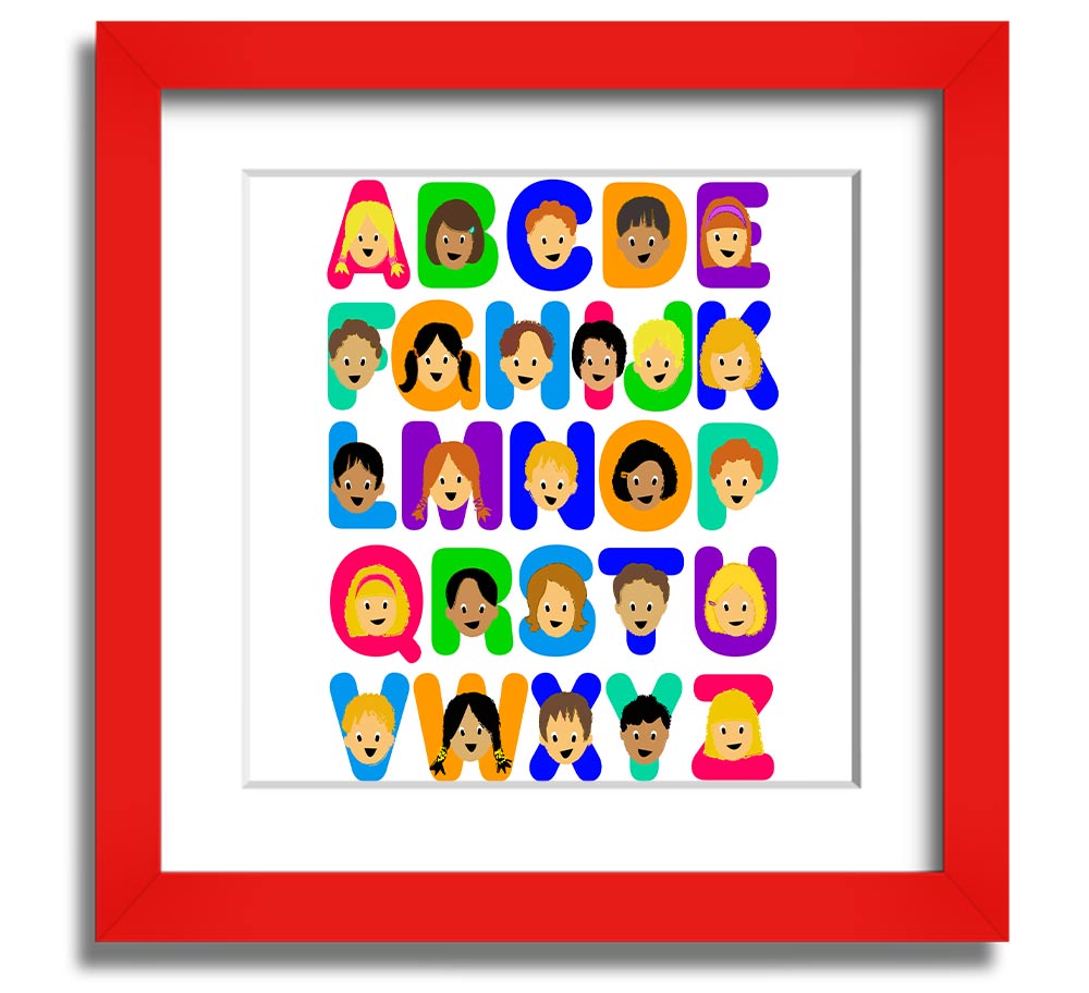 Alphabet Children White Square Framed Print with colorful letters, ready to hang, handmade in the UK.