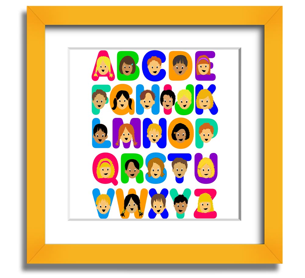 Alphabet Children White Square Framed Print with colorful letters, ready to hang, handmade in the UK.