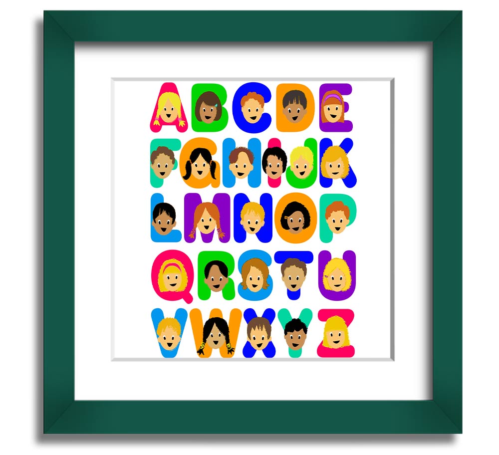 Alphabet Children White Square Framed Print with colorful letters, ready to hang, handmade in the UK.