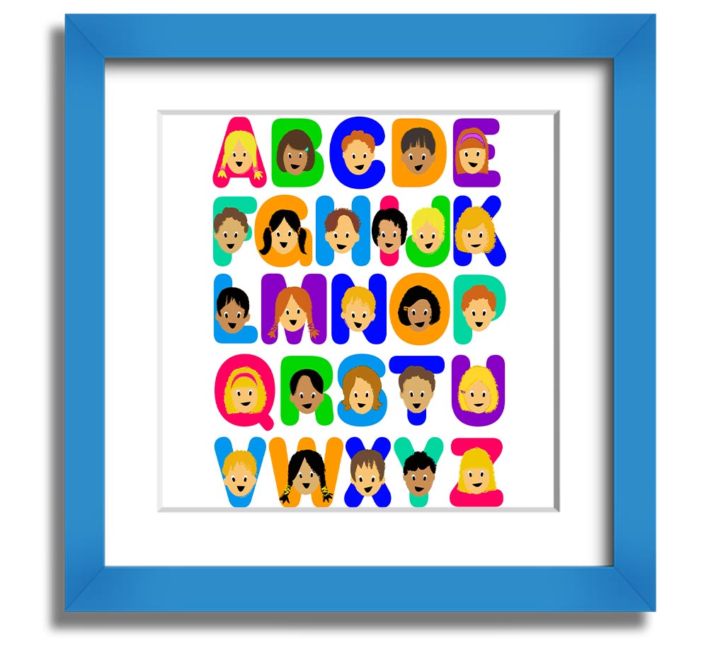 Alphabet Children White Square Framed Print with colorful letters, ready to hang, handmade in the UK.