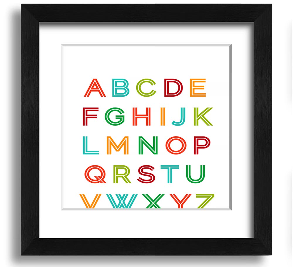 A colorful square framed print featuring the alphabet, handmade in the UK, displayed in a stylish frame.