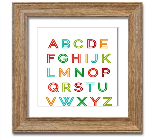 A colorful square framed print featuring the alphabet, handmade in the UK, displayed in a stylish frame.