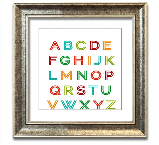 A colorful square framed print featuring the alphabet, handmade in the UK, displayed in a stylish frame.