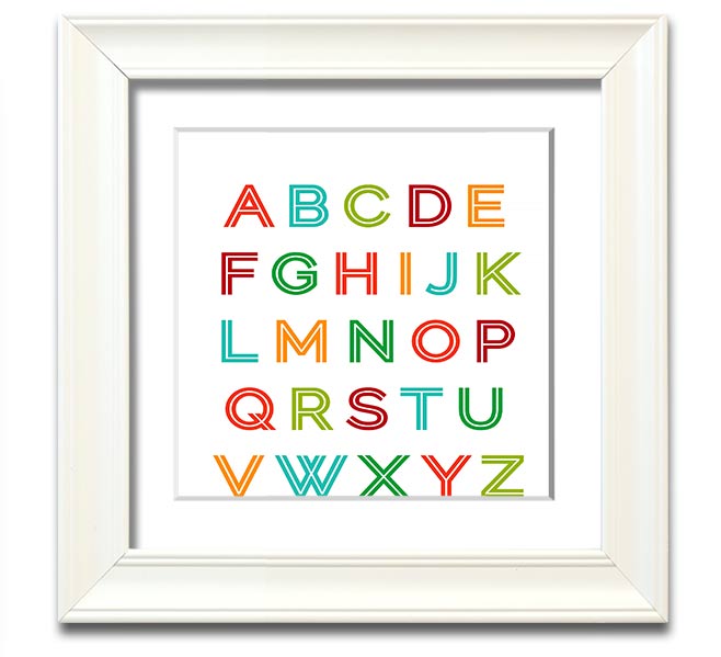 A colorful square framed print featuring the alphabet, handmade in the UK, displayed in a stylish frame.