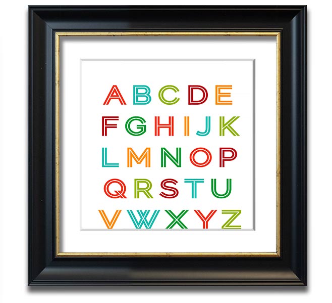 A colorful square framed print featuring the alphabet, handmade in the UK, displayed in a stylish frame.