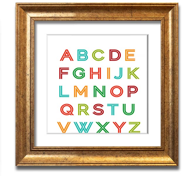 A colorful square framed print featuring the alphabet, handmade in the UK, displayed in a stylish frame.