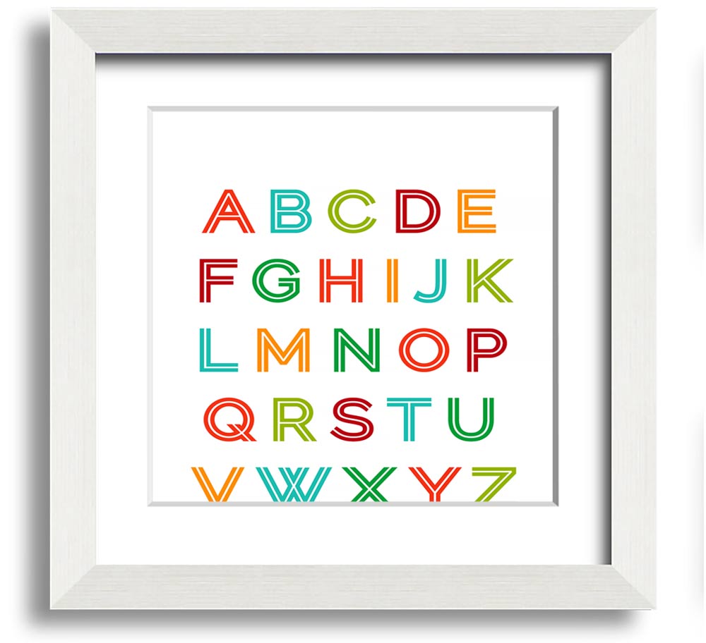 A colorful square framed print featuring the alphabet, handmade in the UK, displayed in a stylish frame.