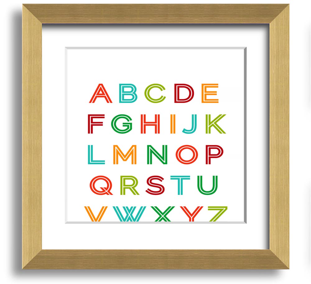 A colorful square framed print featuring the alphabet, handmade in the UK, displayed in a stylish frame.