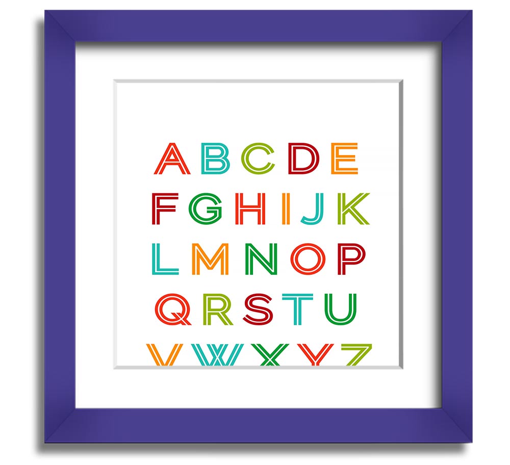 A colorful square framed print featuring the alphabet, handmade in the UK, displayed in a stylish frame.