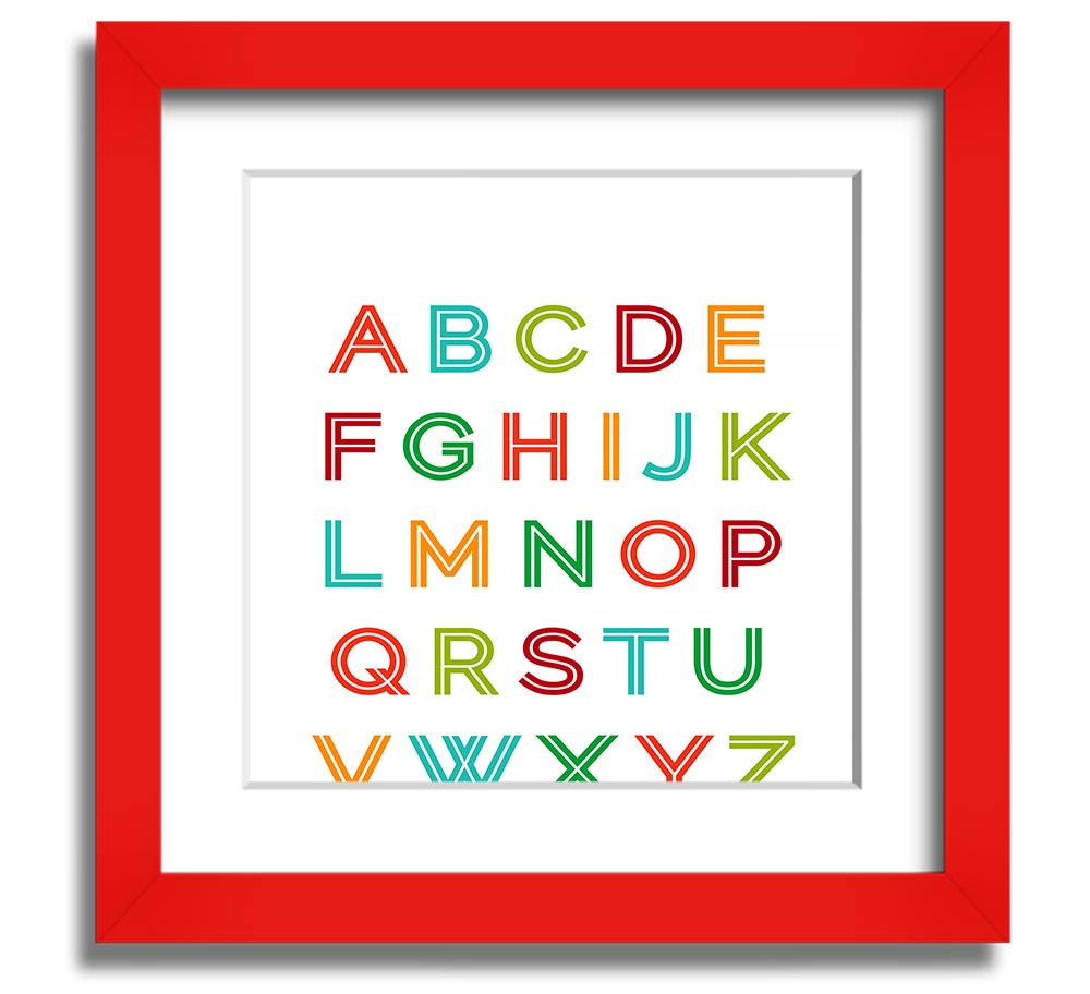 A colorful square framed print featuring the alphabet, handmade in the UK, displayed in a stylish frame.