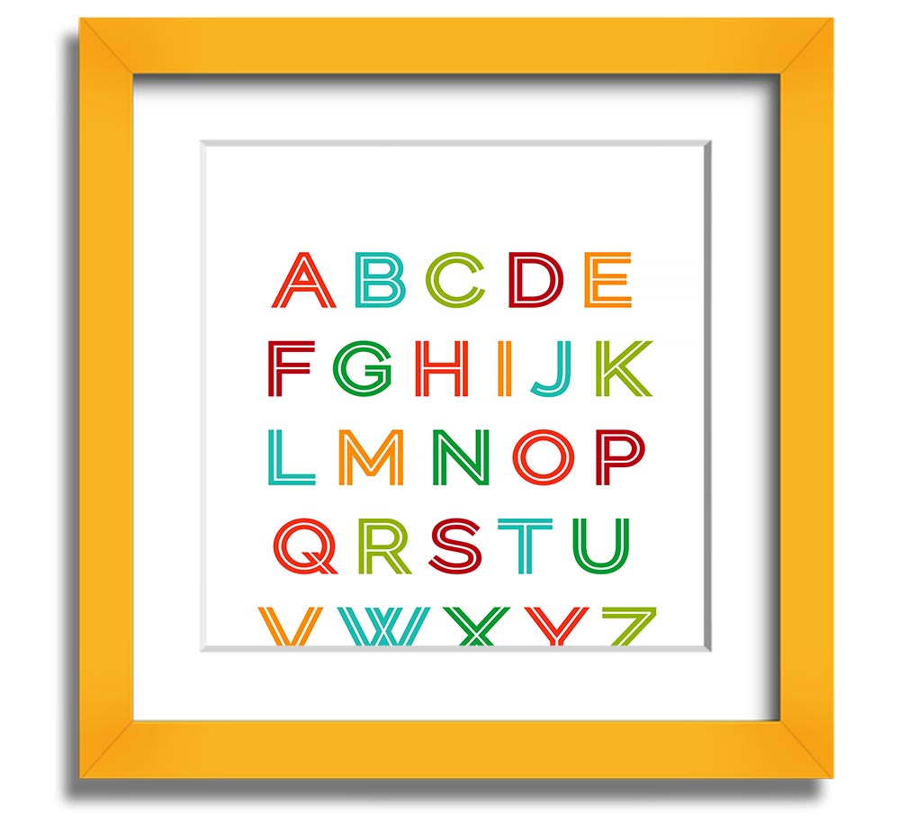 A colorful square framed print featuring the alphabet, handmade in the UK, displayed in a stylish frame.