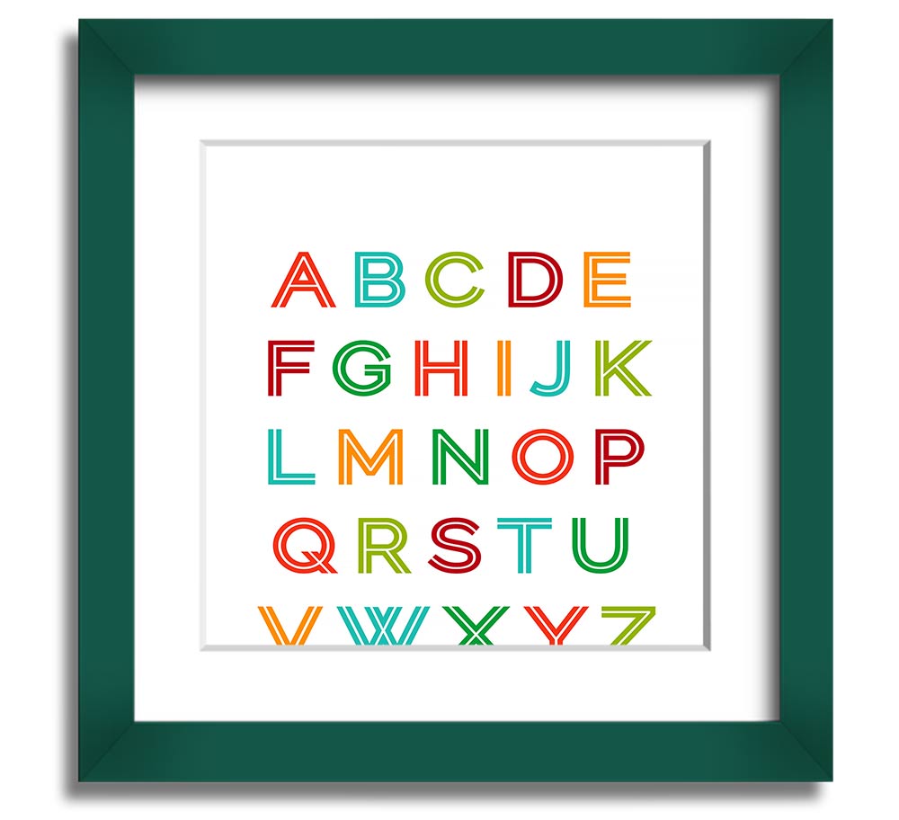 A colorful square framed print featuring the alphabet, handmade in the UK, displayed in a stylish frame.